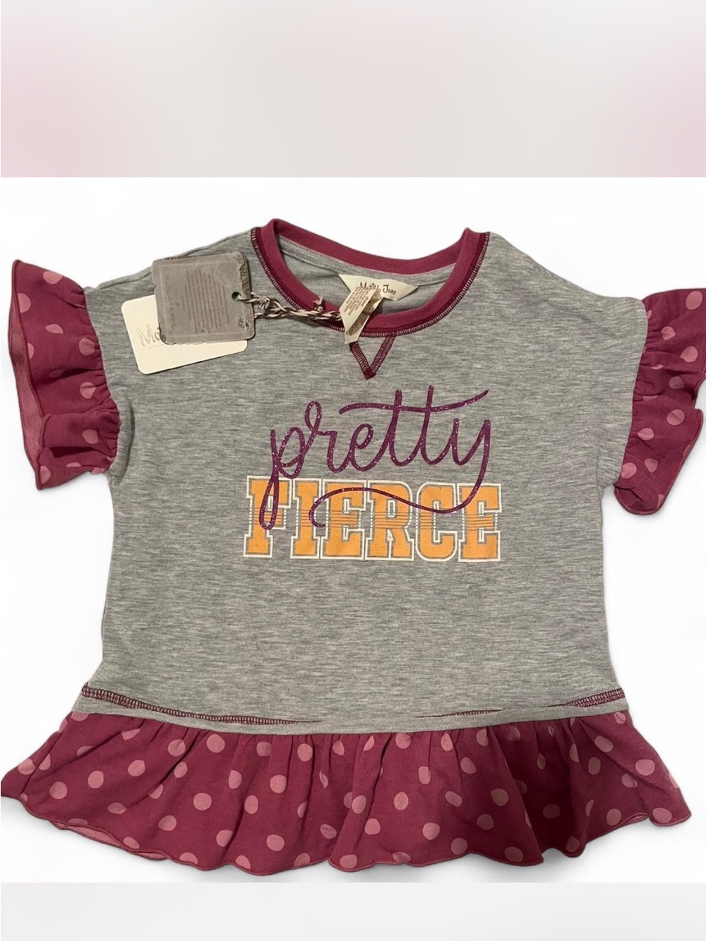 Matilda Jane Gray Tee with Maroon Polka Dot Ruffles and Yellow Accent